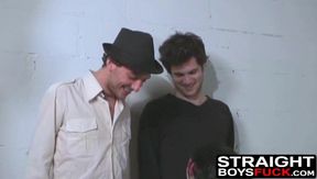 Two guys jack off while a cutie with natural tits strips