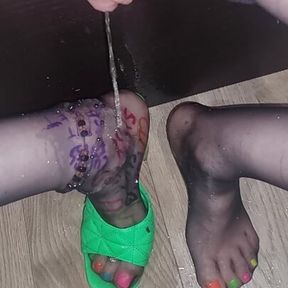 Pissing on my multi colour nylon mule feet