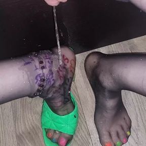 Pissing on my multi colour nylon mule feet