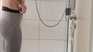 Straight male shows off naked body walking around in new sporting tights - caged, slave, chastity, horny