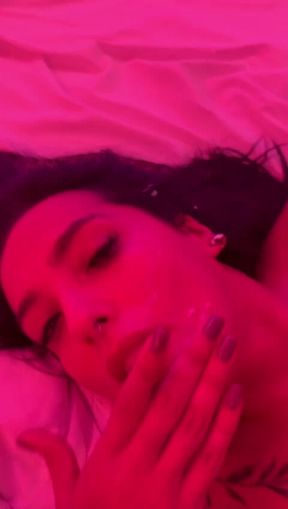 Milk on her face and getting fucked by 2