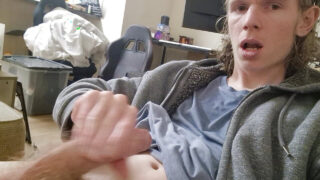 Young British guy with a hairy body and uncut cock talks dirty while he strokes and shoots a messy cumshot