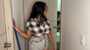 Cleaning girl discovers couple fucking and joins in an amazing threesome