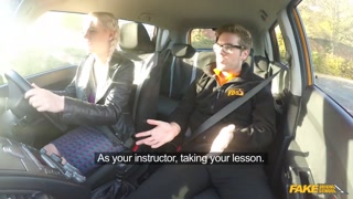 Fake Driving School - Instructor is caught masturbating by a SEXY BLONDE with fantastic tits