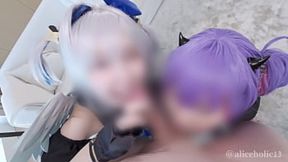 Steamy threesome between a vtuber cosplayer and her submissive sex slaves in fetish humiliation and group bukkake.