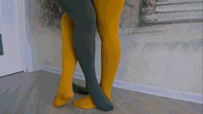 Crossing Legs in yellow and greene pantyhos a