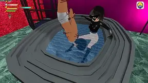 Dominatrix Humiliates Submissive in Busty Bathroom Pool Scene