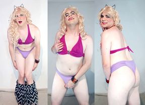 Crossdresser Striptease and Touching Herself in Purple Bikini