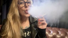 Marlboro reds - Audible inspirations - Long drag - Deep Inhales - Mouth Inhales and open mouth exhales - Coughing - Triple pumps - Smoke rings - Genuine leather jacket - Long hair - Long red nails - No makeup