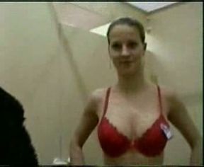 Cheating chubby girlfriend works on my cock in dressing room