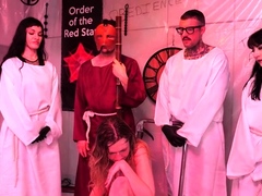 Extreme BDSM group training session for young brunette
