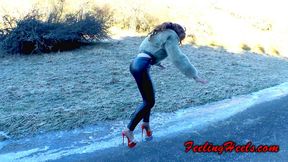 The High Heeled Princess on Ice! - Episode 1 - starring: Vicky Heely - Full Feature! - FHD - High Heels Fire Red Plateau Stiletto Mules Driving Walking Staircase Slippery on Ice - 1080p - MP4