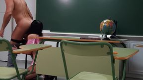 Real teacher with massive cock fucks his student's pink pussy