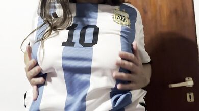 Argentina fan strips for her boyfriend, steamy foreplay and football passion