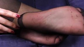 ”Super sexy redhead with blue eyes Thena is wearing just lingerie & a pair of black pantyhose. She m”