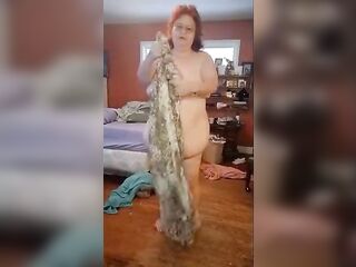Dressing in fluffy print suit from stripped