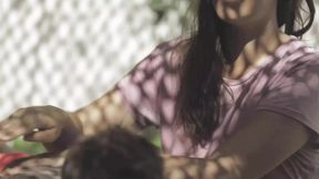 Hot Asian Babe Licks Big Tattooed Man Then Cums Outside