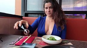 Busty MILF didn't expect her stepson to stroke his cock next to her head
