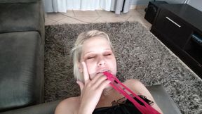 Horny Blonde in Corset Rubs Her Pussy with Her Panty, Panty Masturbation