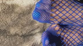 Melove in her Blue fishnet and nail polish showing long toes