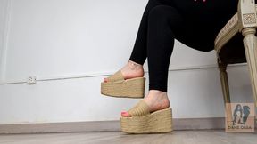 (565) Shoe Collection: Shoeplay and Walking in Jute Wedge Platform Mules - Dame Olga (1080p)