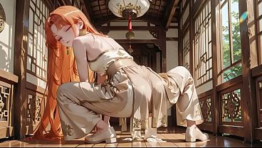 Orange-haired geisha girl gets wet in sun-drenched room