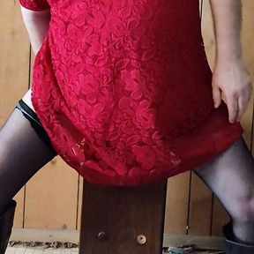 Sissy Riding her dildo in red dress pt 1