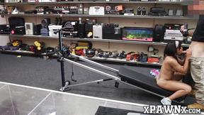 ”Petite babe fucks in pawnshop after demonstrating a workout”