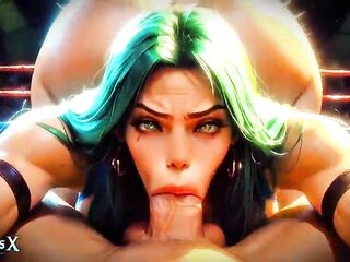 [4K] AI CG Animated - Green Hair Bimbo Doxy Gets Titfucked & Drilled Hard in Wrestling Ring - AI Visuals X