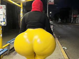 Large Butt Stepcousin in Constricted Yellow Leggings at Bus Stop
