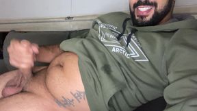 Bearded big cock jerking off and smearing himself with cum