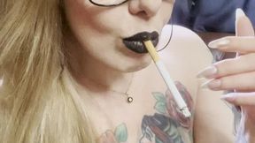 Close-up Marlboro reds 100s - Deep Inhales, Dangling, Nose exhales, Black lipstick, Makeup
