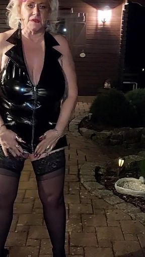 Kinky Mature Blonde Pisses Outdoors in Sexy Latex
