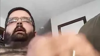 Hairy bear shoots a thick cumshot in solo masturbation