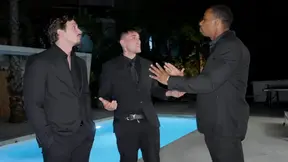 Three men take on one hot teen girl at wild pool party
