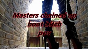Masters chained up, outdoor boot bitch POV (AVI)
