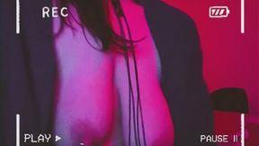 Milf plays with saggy pierced nipples chained to her collar