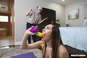 Dark-haired minx takes good care of Jimmy's cock