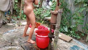 Refreshing Outdoor Bath in an Open Field