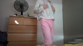 Sexy crossdresser secretary in Gingham pink pants