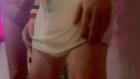 amateur boy was dared to piss on his own body (with undies and tshirt) next to his hard naked flatmate