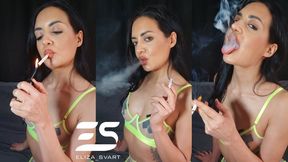 Smoking a Marlboro red in a neon green lingerie set