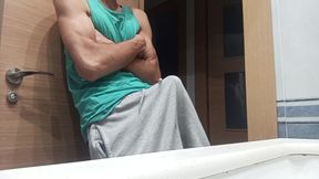 Slim Guy in a Tank Top Shows How He Cums with His Huge Shaved Cock