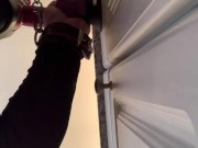 Bound chastity pup gets turned on practicing his oral training.