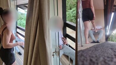 Stepmom catches stepson jerking off on balcony then swallows every drop