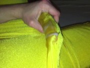 Athletic jock jizzing through yellow wrestling singlet