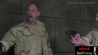 Military hunk spit roasted in 3some