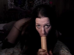 Fledgling dark-haired with diminutive, congenital melons is jerking with a fake penis in front of the web camera