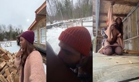 Hung ebony trans chick gets throat so deep she gags on black dick then gets her tight ass drilled raw outdoors