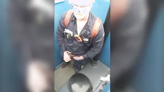 Hairy Bear Jerks Off and Cums in Portable Toilet at Work